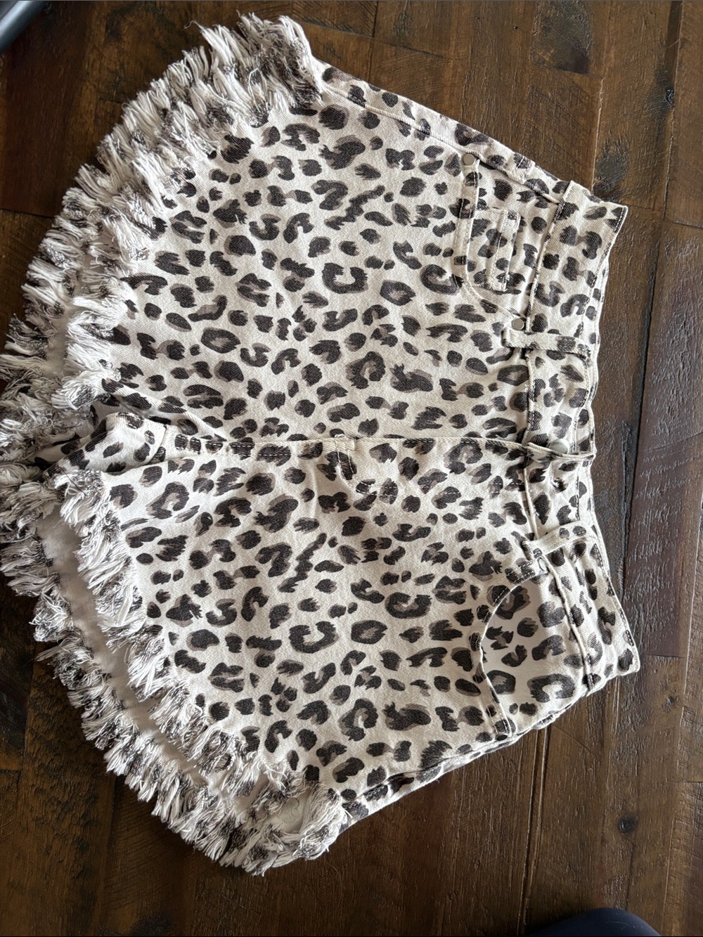 Leopard Print Frayed Denim Shorts - white & Black